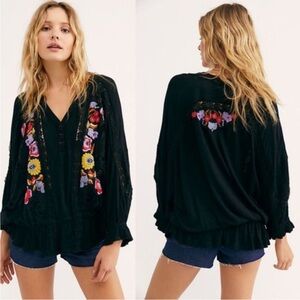 Free People Serafina Black‎ Embroidered Peasant Top - Small Boho